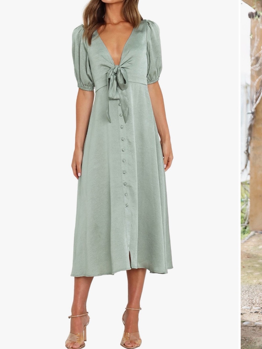 Petal & Pup Sage Green Tie-Front Puff Sleeve Midi Dress
